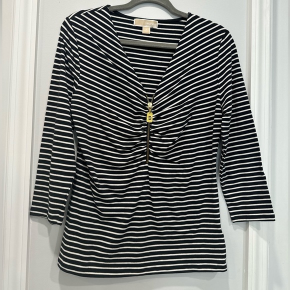 Michael Kors Tops - Michael Kors Black & White Striped Zip-Front V-Neck Long Sleeve Top